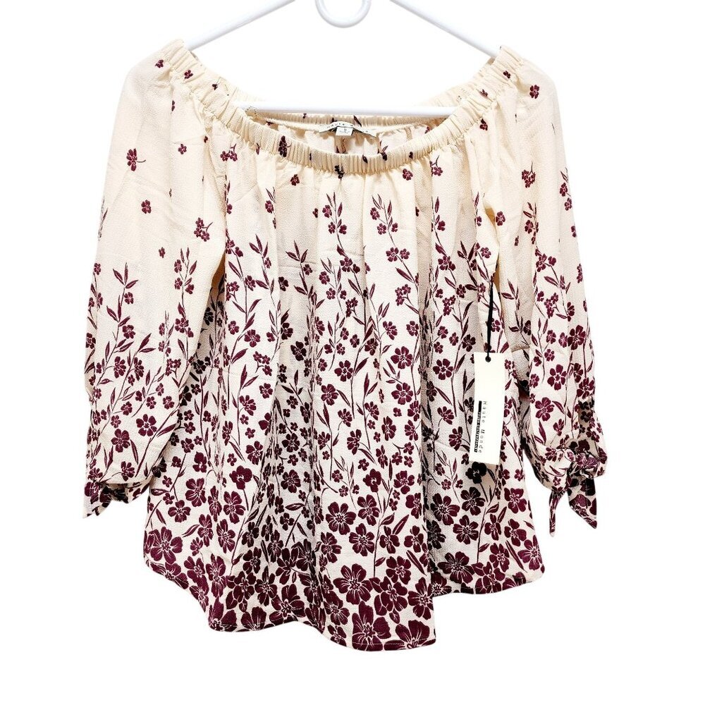 Haute Monde Floral Off Shoulder Blouse SZ S Beige/Burgundy 3/4 Sleeve Womens Top